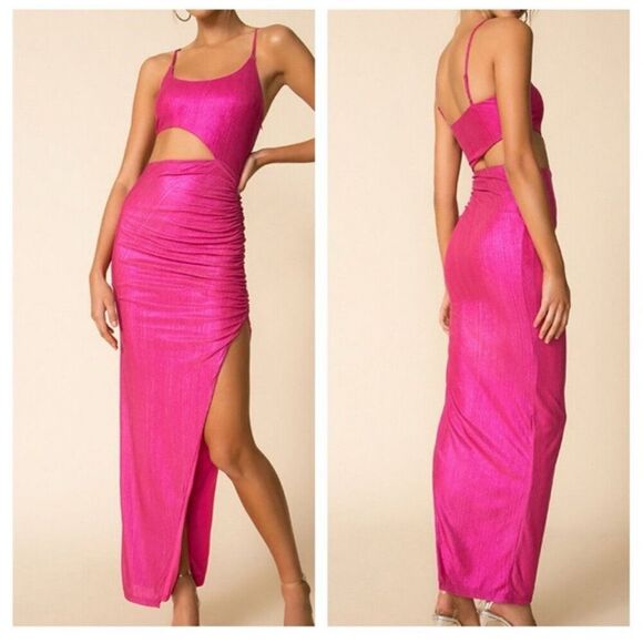 Superdown Miyah Maxi Dress XS Pink Metallic Cut Out Ruched Sleeveless Bodycon - Picture 1 of 16